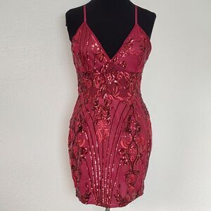 Pretty Little Thing Bodycon Dress Size 12 Sequin Shimmer Burgundy Mini Sheer
